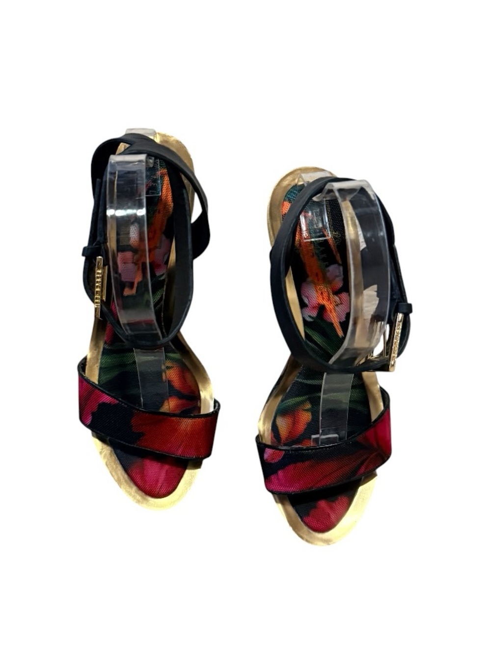 Ted Baker Floral Print Black Wedge Sandals with Ankle Strap - Picture 3 of 10